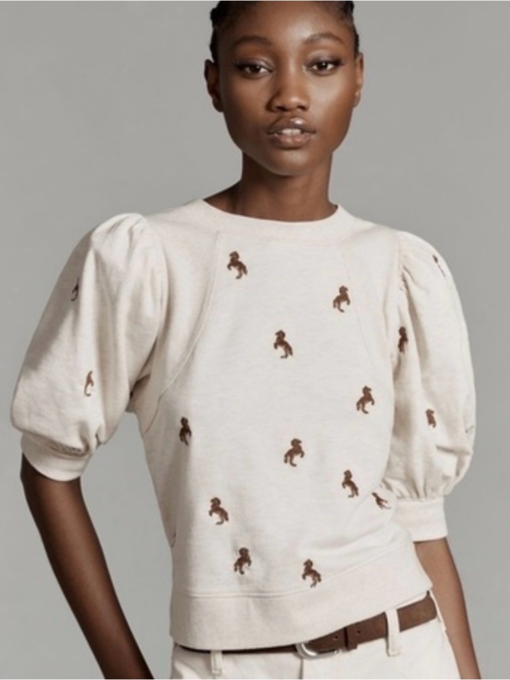 Maeve Anthropologie Embroidered Horse Puff Sleeve Sweatshirt NWT  Small Petite